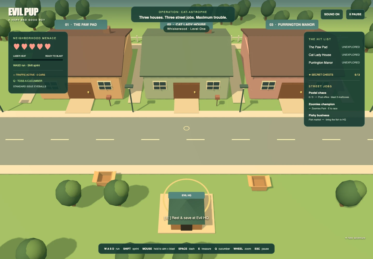 Evil Pup's colorful 3D neighborhood, with houses to explore and a street full of trouble.